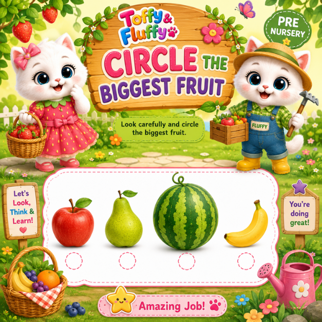 Circle the Biggest Fruit – LKG Activity Sheet