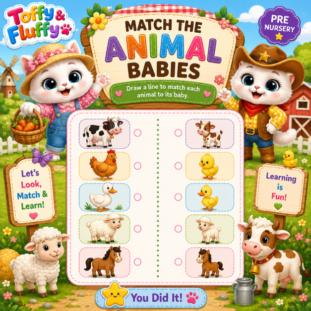 Match the Animals & Birds – Nursery Activity Sheets - A4